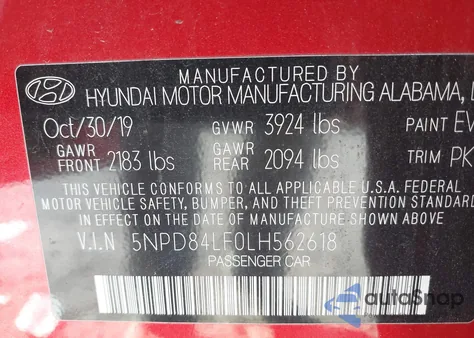 2020 Hyundai Elantra Sel z USA, uszkodzony, nr VIN 5NPD84LF0LH562618